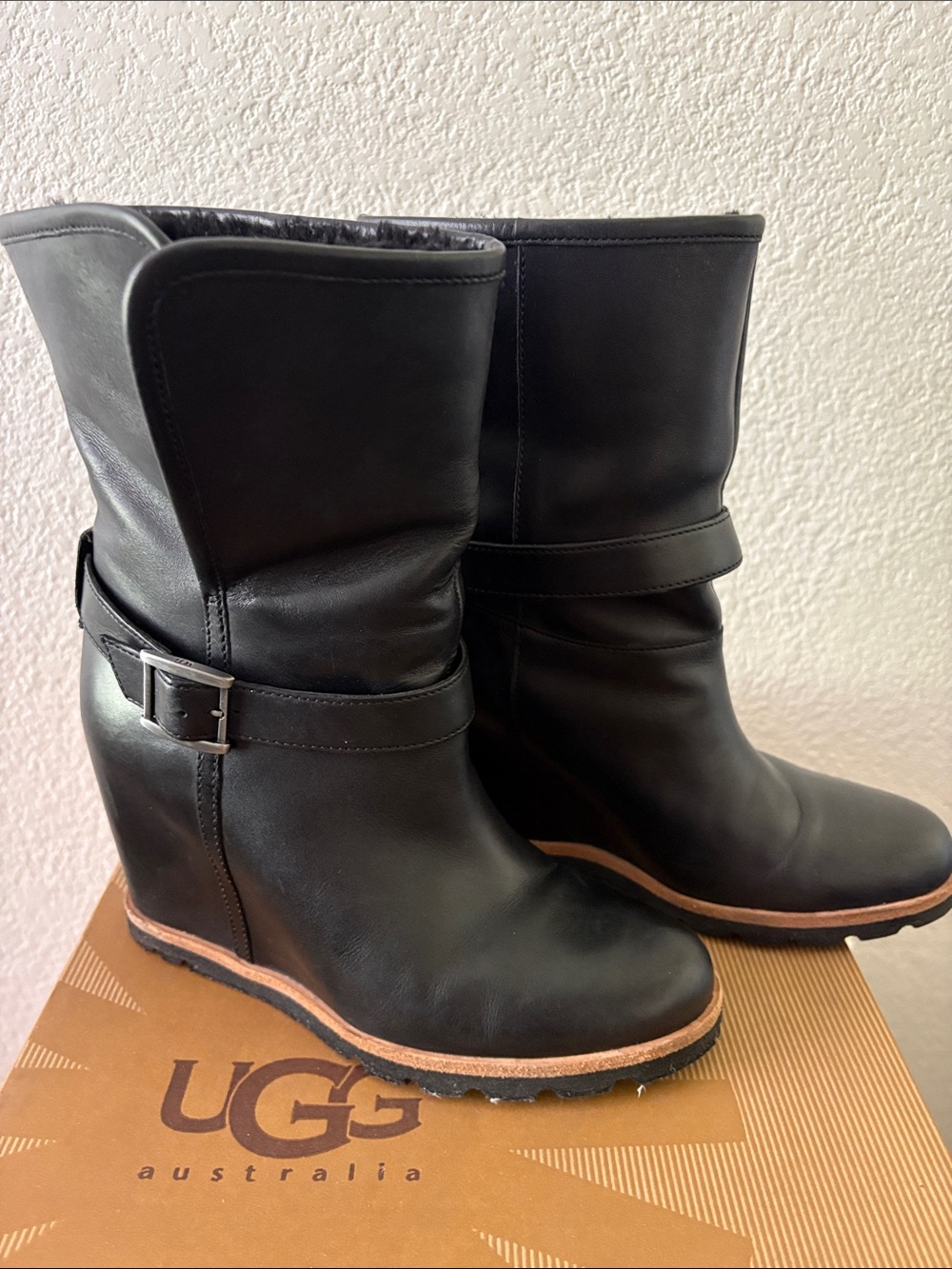 UGG Black Leather Wedge Boot with Buckle Detail